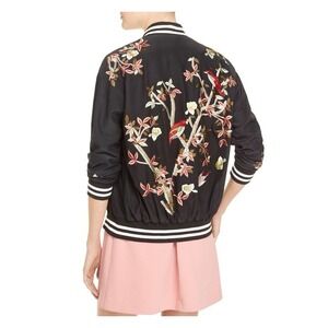Alice and Olivia Lila Silk Embroidered Flower Full Zip Bomber Jacket Black XS
